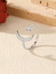 MODIAN 925纯银可调节戒指 精致月亮星星锆石戒指 女士可叠戴精美首饰 - 銀色 - 查看 5