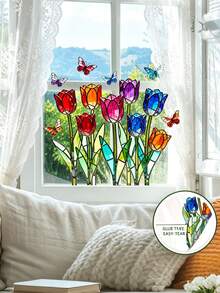 1pc Cartoon Colorful Stained Glass Tulip & Butterfly Window Sticker, Balcony Glass Window Decor - Tulip Butterfly Window Stickers - View 7
