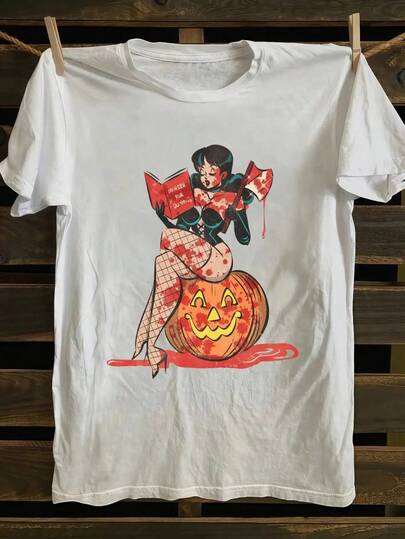 Camiseta de Halloween para Hombre - Diseño Gráfico Gótico de Calabaza y Salpicaduras de Sangre - Camiseta de Algodón 100% Suave para Fiestas de Halloween, Eventos de Disfraces - Ropa Espeluznante Lavable a Máquina, Atuendo para Fiestas, Diseño de Inspiración Punk, TALLAS GRANDES