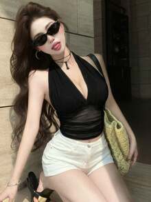 2026春夏新款性感网纱荷叶边露背吊带背心，修身透视黑色短款上衣，适合年轻女士 - 黑色 - 查看 6