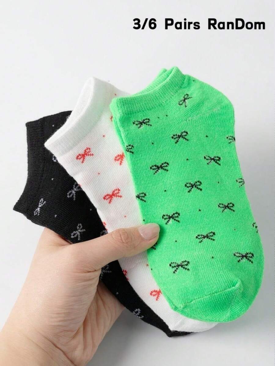 3/6 pares de calcetines para mujer, patrón de lazo plano negro, blanco y verde aleatorio, adecuados para uso diario y salidas, calcetines cortos de color aleatorio - Multicolor - Ver 1