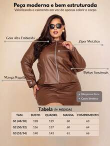 Plus Size Leather Jacket, Winter, Minimalist, Elegant, Curve Style, High Neck, Functional Pocket, Faux Leather Fabric, Regular Sleeves - Rust Brown - View 6