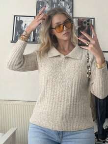 Women's Winter Knit Sweater, Long Sleeve, Ribbed, Polo Collar, Buttons, Mousse, Braided Detail - 奶油色 - 查看 2