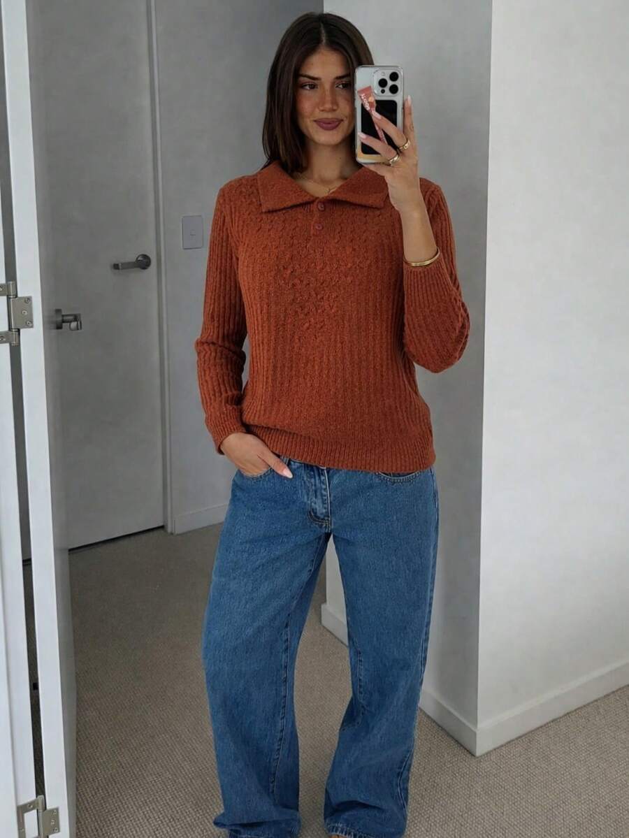 Women's Winter Knit Sweater, Long Sleeve, Ribbed, Polo Collar, Buttons, Mousse, Braided Detail - Lạc đà - Xem 1