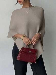 Poncho de suéter de moda minimalista, unicolor acanalado, uso diario, otoño/invierno primavera - Caqui - Ver 5