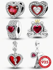 1pc 925 Sterling Silver Red Heart Pendant, Suitable For Bracelet DIY Jewelry For Women - Silver - View 12