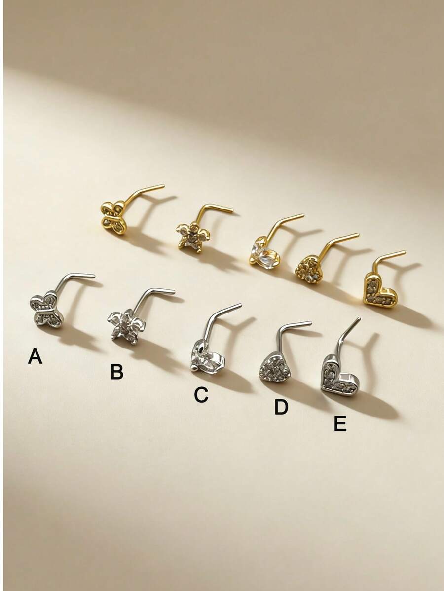 1颗锆石精致简约心形、蝴蝶和花朵设计鼻钉 - 銀色 - 查看 1