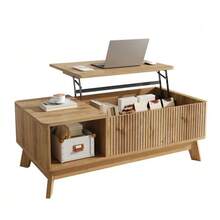 Coffee Table With Lifting Mechanism, Wavy Design, Open Side Storage Grid, MDF Material, Modern Style - Khaki - View 4