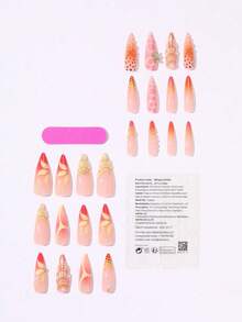 Y2K Style Peach Orange Block Summer Fruit Theme Press-On Nails. A Set Of 24 Long Pointed Press-On Nails, Featuring A Peach-Orange Gradient Base Color, Accented With 3D Water Droplets, Polka Dots, Plaid Patterns, And Metallic Floral Details. Perfectly Suited For A Sweet Yet Edgy Vacation Manicure, Ideal For Summer Outings, Parties, And Everyday Wear. Handmade Reusable Press-On Nails. - Multicolor - View 4