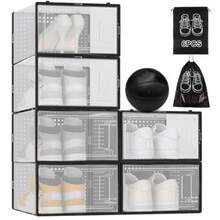 Caja de zapatos de plástico apilable organizador de cajas de zapatos multifuncional con 6 bolsas antipolvo caja de zapatos doméstica para salón y dormitorio - Transparente y negro - Ver 9