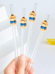 1/2/4Pcs Reusable Cartoon Glass Straws With Bears Stuff, Clear And Glass Bent Glass Drinking Straw Cutlery Set,For Kitchen Accessories,Straw Topper,Cold Drinks,Milk Tea,Coffee,Juice,Home,Restaurants,Holiday Supplies,Summer,Graduation Season,. - Style 4 - View 2