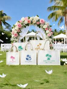 Customized Text Tote Bag, Palm Tree Wedding Welcome Bag, Customized Guest Gift, Tropical Gift Bag, Island Wedding - Multicolor - View 4