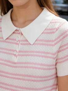 Camiseta de punto de manga corta con hombros descubiertos y rayas, diseño exclusivo de polo casual en color rosa - Rosa - Ver 5