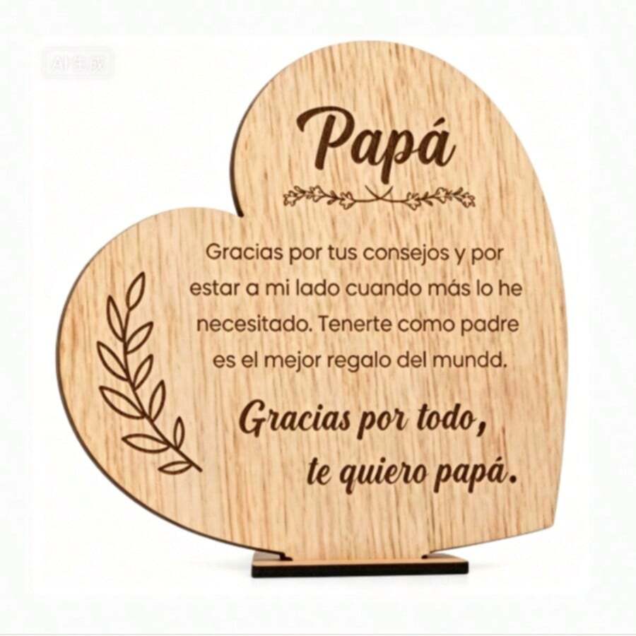 1pc Wooden Heart Shaped Plaque For Dad, Spanish Engraved "Papá" Sentiment Sign, Rustic Wood Father's Day Gift Table Decor
