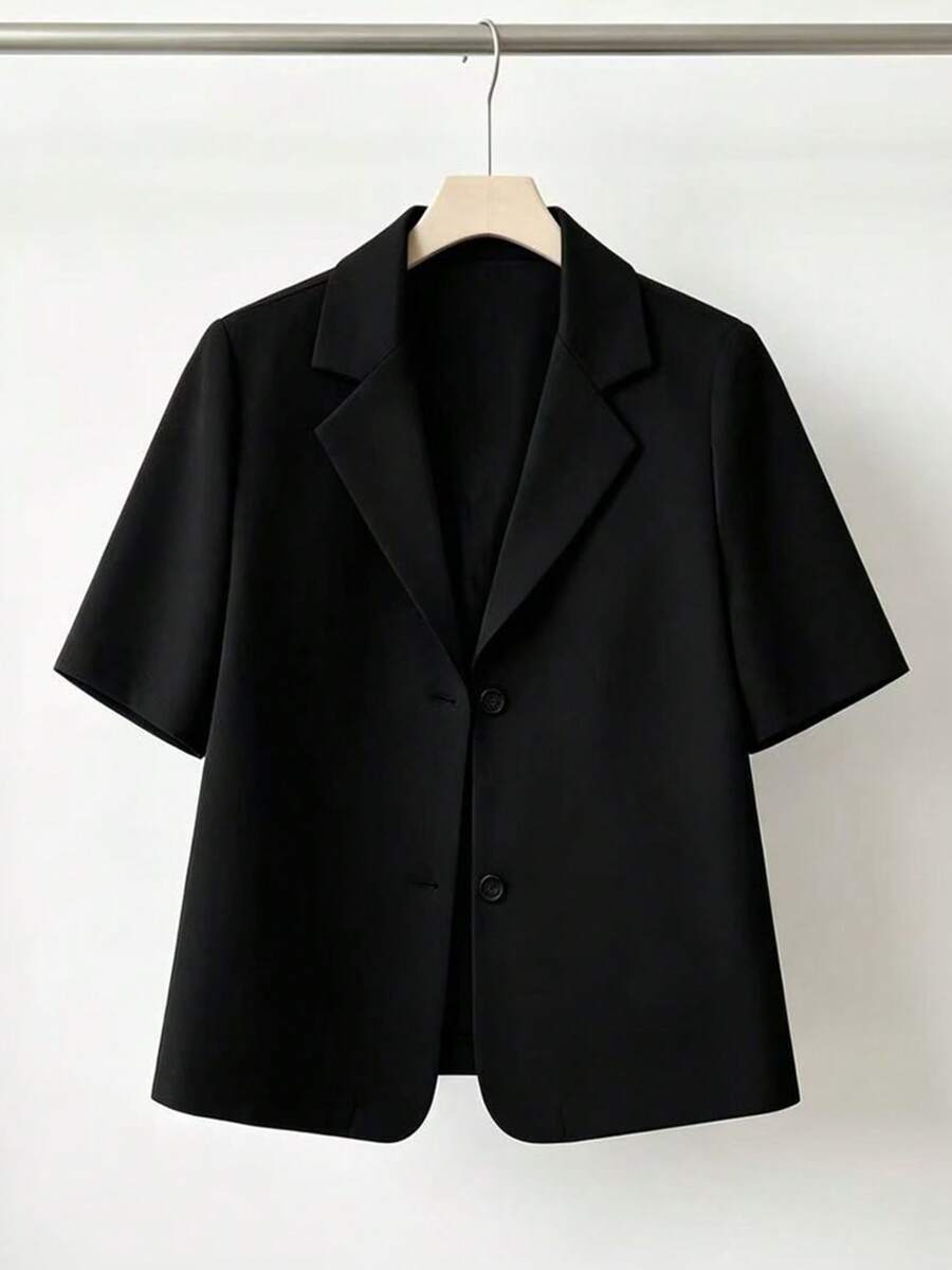 女士休闲短袖西装外套,简约纯色单排扣通勤日常百搭优雅上衣,夏季黑色 - 黑色 - 查看 1