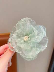 1pc Mesh Flower Hair Clip, Princess Side Hairpin, Woodland Style Hair Accessory For Girls, Spring Headpiece - Green - View 7
