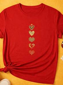 Camiseta Feminina Estampada 5 Coração Dourados Elegante Blusa Camisa Verão Casual Confortavel Blusa - Vermelho - Visão 2