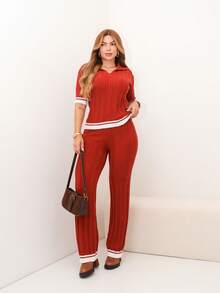 Women's Premium Knit Set | Wide-Leg Pants + Polo Shirt - Elegant And Comfortable - Gỗ đỏ - Xem 2