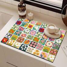 1 pièce, tapis de drainage à motif floral coloré et à carreaux, convient pour absorber l'eau sur les plans de travail dans les cafés, les éviers de cuisine, les machines à laver, etc. Design patchwork floral de style bohème, disponible en différentes tailles. - FULSD029 - Voir 12