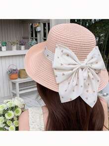 1 chiếc mũ rơm mùa hè mới hình trái tim và nơ, mũ rộng vành nhẹ chống nắng cho nữ, thích hợp cho kỳ nghỉ đi biển. - A - Xem 10