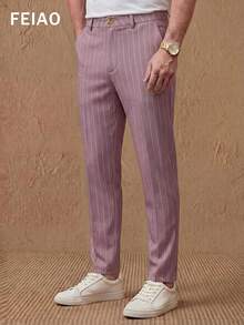 FEIAO Men's Retro Vintage Coin Style Classic Fine Striped Straight Leg Pants, Regular Fit Casual Everyday Wear, Suitable For All Seasons - Dusty Pink - View 3