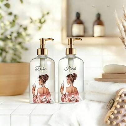2 Pieces 500ml/17oz Modern Golden Design Pump Bottle Set, Plastic Pump Head Bottle, Self-Standing, Lead-Free Design, No Electricity Required - Shampoo And Conditioner Separate Bottles, With Labels For Easy Replenishment Of Shower Gel Bottle - Travel Accessories