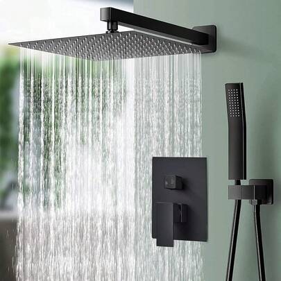 Shower Faucet Set, Bathroom Rainfall Shower System, Matte Black Shower Faucet, Stainless Steel Wall Mounted Rain Shower Head With Hand Spray, Brass Mixer Valve
