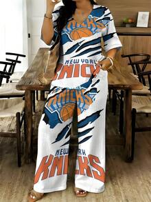 Ne-W York Knicks Print Women's Plus Size 2 Piece Outfit Short Sleeve Top & Pants,  Regular Fit Fashionable And Comfortable Casual Style Summer Wear - 混合色 - 查看 1