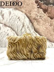 Dedoo Bolso de mano con cierre de beso con volantes premium, esencial para viajes y fiestas, ideal para citas y reuniones - Dorado - Ver 1