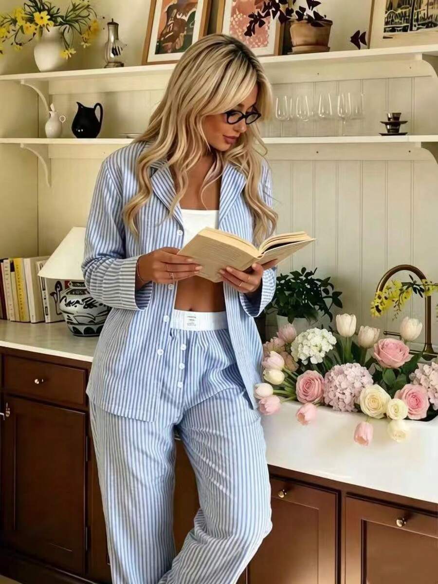 Nina Bonheur 2 piezas Conjunto de pijama de mujer con camisa de manga larga con botones y rayas + pantalones con cintura elástica, traje de ropa de dormir linda, ropa de otoño e invierno