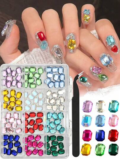 120pcs Flat Bottomed Tabletop Square Nail Diamond Rhinestone (With Or Without Tweezers To Choose) - 12 Grids Glass Decoration Nail Art Suits Nail Charms For Shoe Material Phone Case Sticker Jewelry - 12 Colors Multi-Color Nail Gems For Decorating Clothes, Dress, Bags, Shoes, Brooches, Earrings, Handicrafts Nail Supplies