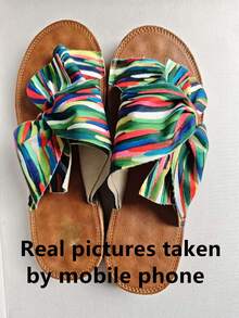 Rainbow Bowknot Decoration Women's Flat Sandals, Comfortable Massage Sole Colorful Beach Slippers,Spring Summer Outfits - Green - View 4