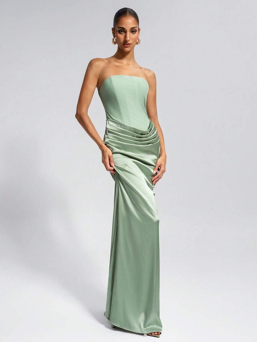 Green Elegant Strapless Pleated Design Dress - Party Wedding - Mint Green - View 1
