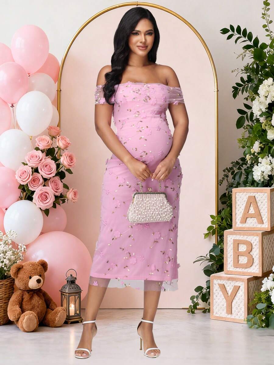 JustVH Robe de maternité à épaules ouvertes, en maille florale avec torsade à l'avant, sans manches, rose. Convient pour la baby shower, le mariage, les vacances de printemps/été - Rose bonbon - Voir 1