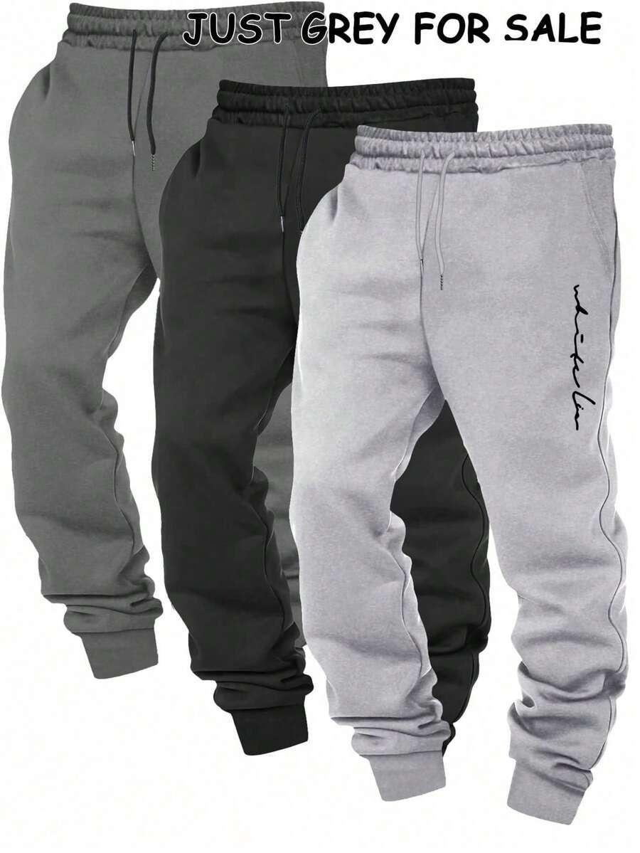 Father's Day Gift, Men's Drawstring Waist Solid Color Sweatpants, Long Length Printed Sweatpants, Basic Black Color Fitness Pants Sports