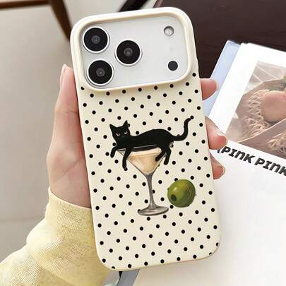 1 chiếc ốp lưng điện thoại phong cách tối giản Hàn Quốc họa tiết chấm bi ly rượu và mèo đen, màu trắng sữa, thấu kính lỗ lớn, chống sốc và chống bám vân tay, tương thích với iPhone 17/16/16Pro/16Plus/15/15ProMax/15Pro/11/12/13/14ProMax/11Pro/11ProMax/12Pro/12ProMax/13Pro/13ProMax/14Pro/14ProMax, mềm mại, thanh lịch