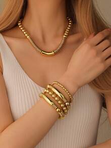 5pcs Fashionable Gold Metal Beaded Necklace, Bracelet, Jewelry Set For Women, Suitable For Daily Wear - Multicolor - View 1