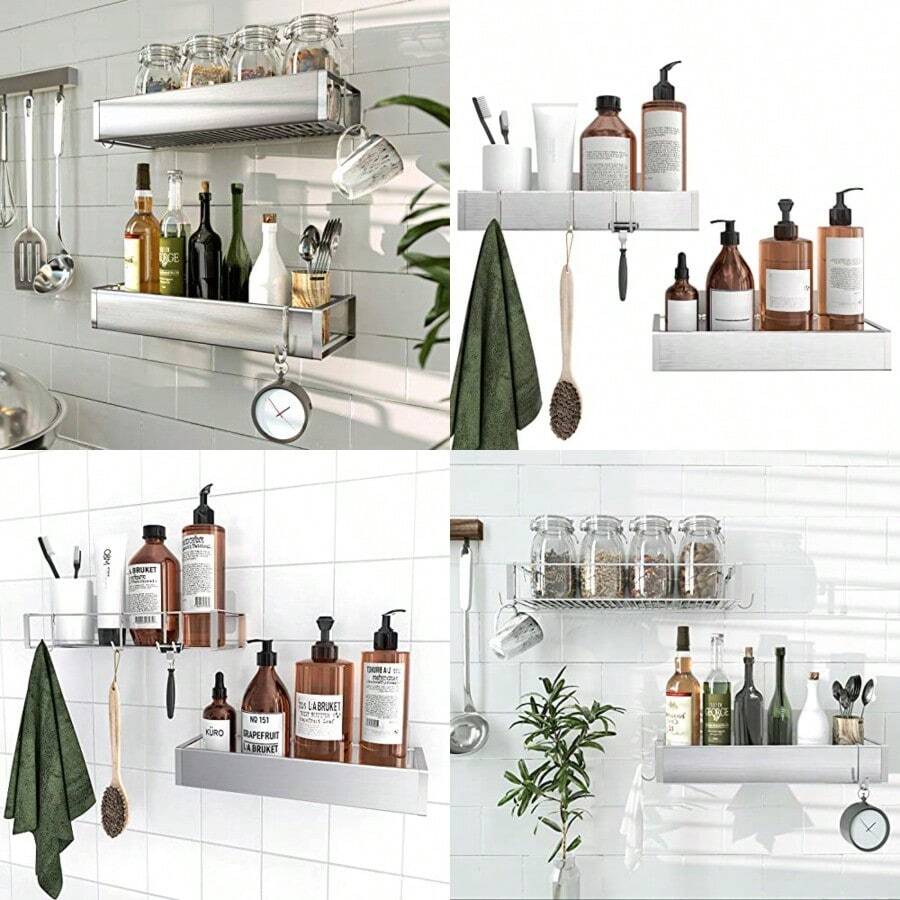 Estante calcomanía para ducha con ganchos sin perforaciones organizador de estantes de baño de acero inoxidable a prueba de óxido para almacenamiento de champú soporte de esponja color - Pago - Ver 1