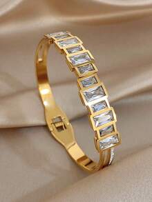 18K Gold Plated Luxury Elegant Oval Zirconia Heart Embossed Bangle Bracelet Set, Stainless Steel Jewelry, For Women Ladies, Summer Bohemia Beach Jewelry, Vacation Season, Gifts For Mom, For Daily Party Dates Gala Wedding Valentine Anniversary Music Festival Christmas, Dates, Easter Day - Multicolor - View 10