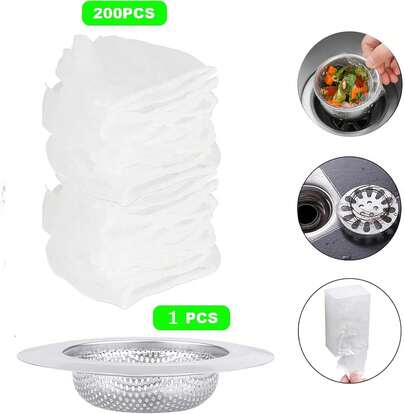 150 Pack Kitchen Sink Strainer Mesh Bags With 1 Pcs Strainer Stainless Steel, Disposable Elastic Food Waste Collector, Anti-Clogging Disposable Sink Drain Covers, Kitchen Essentials Sink Filter Nets