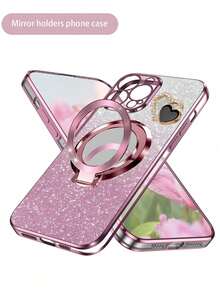 Ốp điện thoại mạ điện lấp lánh tương thích với iPhone 17/17 Air/17 Pro/17 Pro Max/16/16 Pro/16e/16 Pro/16 Plus/16 Pro Max/15 Pro Max/15 Pro/15 Plus/15/14/14 Pro/14 Plus/14 Pro Max/13/13 Pro/13 Pro Max, Ốp điện thoại có chân đế gương, Ốp điện thoại hình trái tim tự làm tương thích với Samsung S26U/S25/24P/A56/16/26, Tương thích với Redmi Note 14/15/13/11 Pro - Hồng - Xem 5