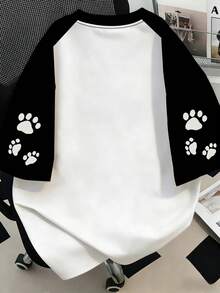 Cute Cat Print Round Neck Raglan T-Shirt, Plus Size Women's Color Block Top. Casual Summer - Multicolor - View 2
