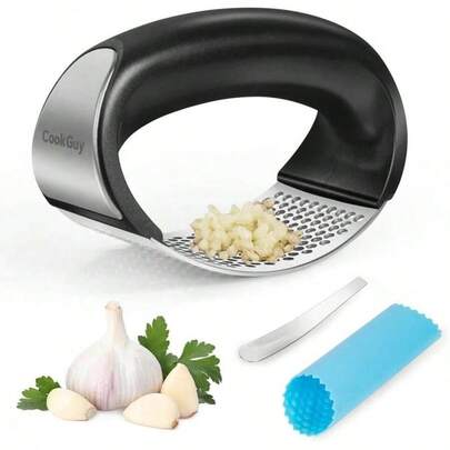 Cook Guy 304 Stainless Steel Garlic Press Rocker Set - Premium Garlic Mincer, Crusher, Peeler And Scraper Effortless Mincing - Comfortable Grip Garlic (Silver)