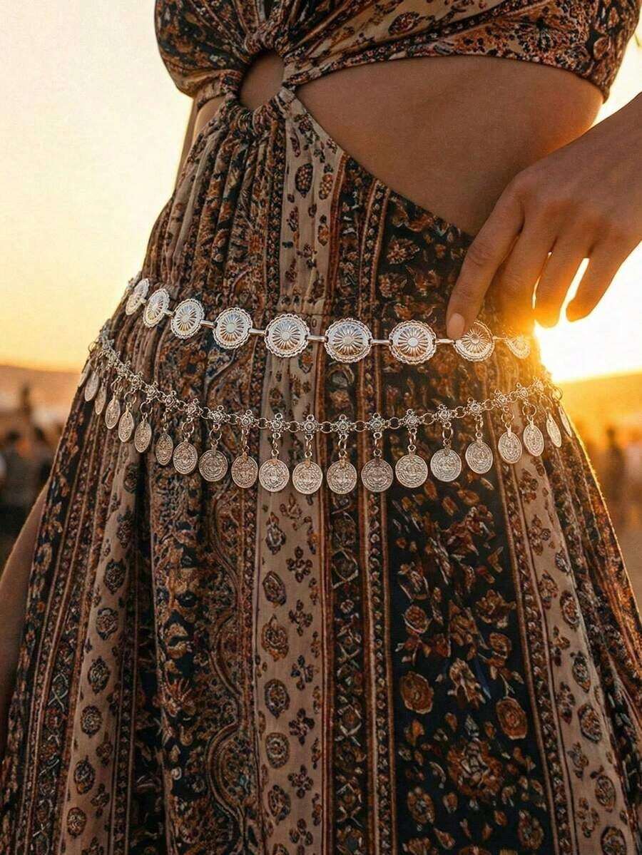 2pcs Vintage Bohemian Style Daisy Petal & Flower Design With Multi-Layer Coin Belly Chain, Sexy Arabian Tassel Waist Chain, Suitable For Beach, Holiday, Party Wear, Halloween, Campus Autumn, Autumn - 兩件古董銀器 - 查看 1