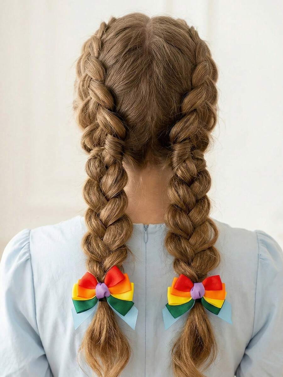 2 peças/Conjunto Presilhas de Cabelo com Laço de Tecido Canelado Colorido para Meninas, Adequado para Decoração Diária, Decoração de Festival de Música - Multicolorido - Visão 1