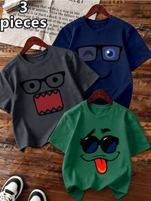 3pcs Funny Expression Printed Short Sleeve T-Shirts For Boys, Casual Loose Fit Round Neck Tees, Perfect Summer Gift, Suitable For Spring & Summer - Multicolor - View 1