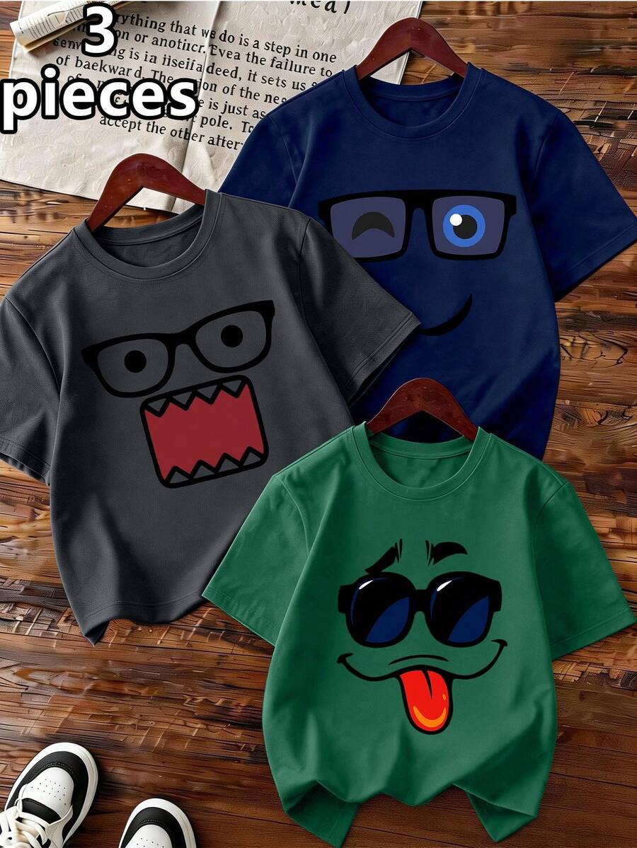 3pcs Funny Expression Printed Short Sleeve T-Shirts For Boys, Casual Loose Fit Round Neck Tees, Perfect Summer Gift, Suitable For Spring & Summer - Multicolor - View 1
