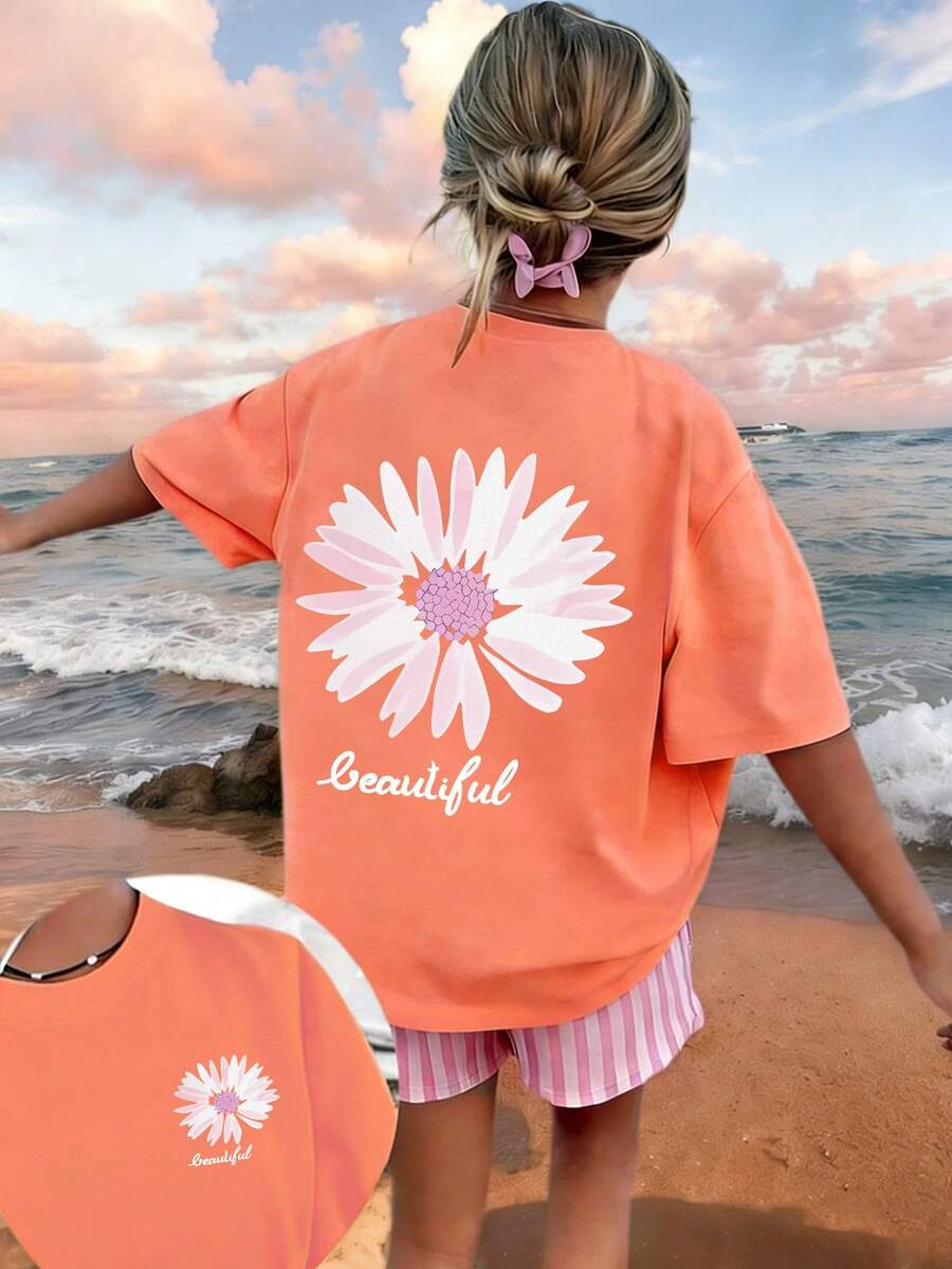 Tween Girl Floral Print Round Neck T-Shirt, Summer Top - Coral Orange - View 1