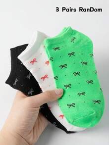 3/6 pares de calcetines para mujer, patrón de lazo plano negro, blanco y verde aleatorio, adecuados para uso diario y salidas, calcetines cortos de color aleatorio - Multicolor - Ver 9