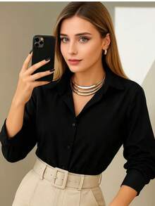 Plain Long-Sleeved Dress Shirt - Elegant And Chic - Black - View 6